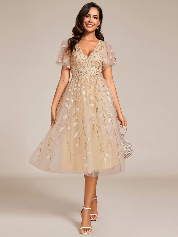 Short Sleeves Leaf Sequin A-Line Midi Formal Wedding Guest Dress - Image 14