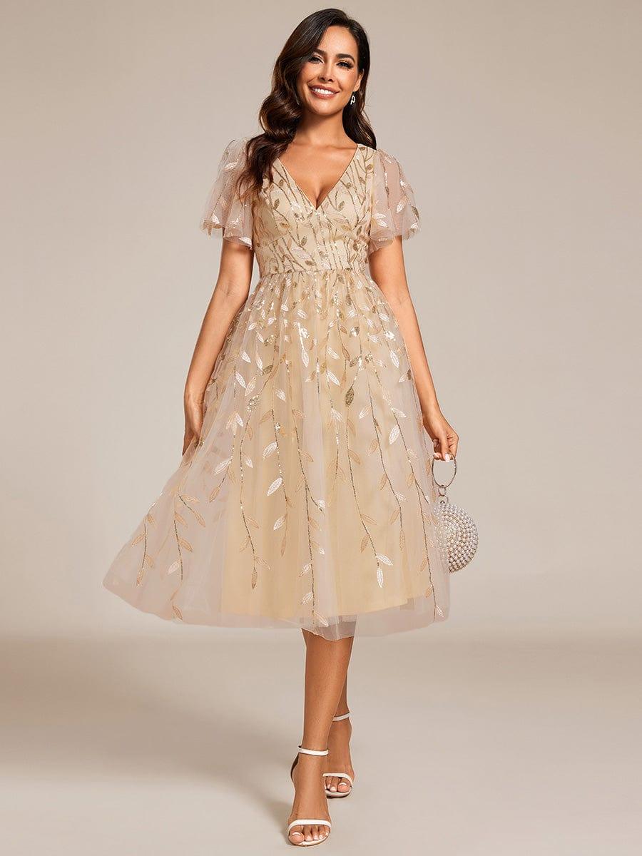 EG02230GD-R Short Sleeves Leaf Sequin A-Line Midi Formal Wedding Guest Dress - Image 14