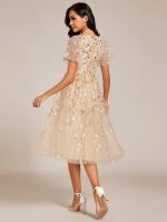Short Sleeves Leaf Sequin A-Line Midi Formal Wedding Guest Dress - Image 4