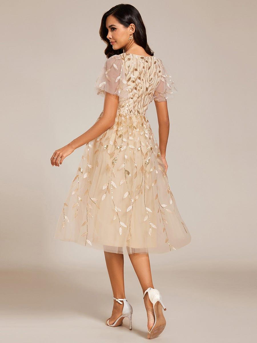 EG02230GD-R2 Short Sleeves Leaf Sequin A-Line Midi Formal Wedding Guest Dress - Image 4