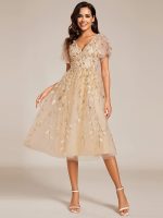 Short Sleeves Leaf Sequin A-Line Midi Formal Wedding Guest Dress - Image 3