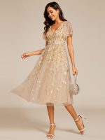 Short Sleeves Leaf Sequin A-Line Midi Formal Wedding Guest Dress - Image 15