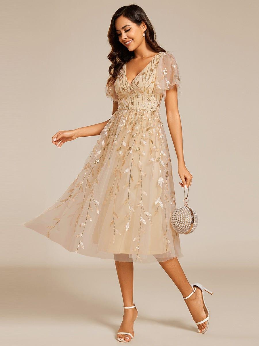 EG02230GD-R4 Short Sleeves Leaf Sequin A-Line Midi Formal Wedding Guest Dress - Image 15