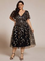Short Sleeves Leaf Sequin A-Line Midi Formal Wedding Guest Dress - Image 64