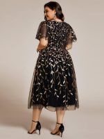 Short Sleeves Leaf Sequin A-Line Midi Formal Wedding Guest Dress - Image 65