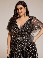 Short Sleeves Leaf Sequin A-Line Midi Formal Wedding Guest Dress - Image 66