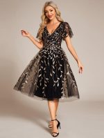 Short Sleeves Leaf Sequin A-Line Midi Formal Wedding Guest Dress - Image 59