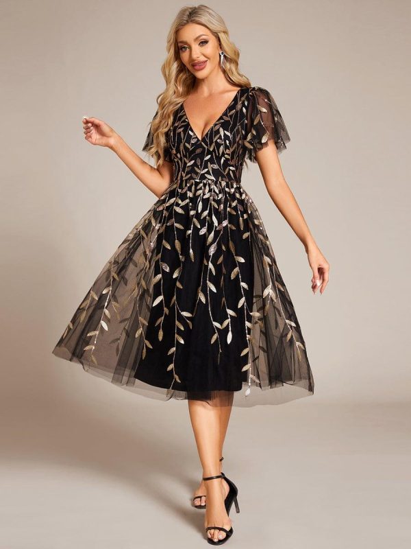 Short Sleeves Leaf Sequin A-Line Midi Formal Wedding Guest Dress - Image 59