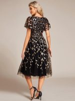 Short Sleeves Leaf Sequin A-Line Midi Formal Wedding Guest Dress - Image 60