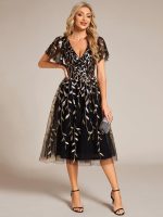 Short Sleeves Leaf Sequin A-Line Midi Formal Wedding Guest Dress - Image 62