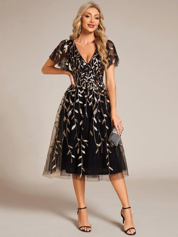 Short Sleeves Leaf Sequin A-Line Midi Formal Wedding Guest Dress - Image 62