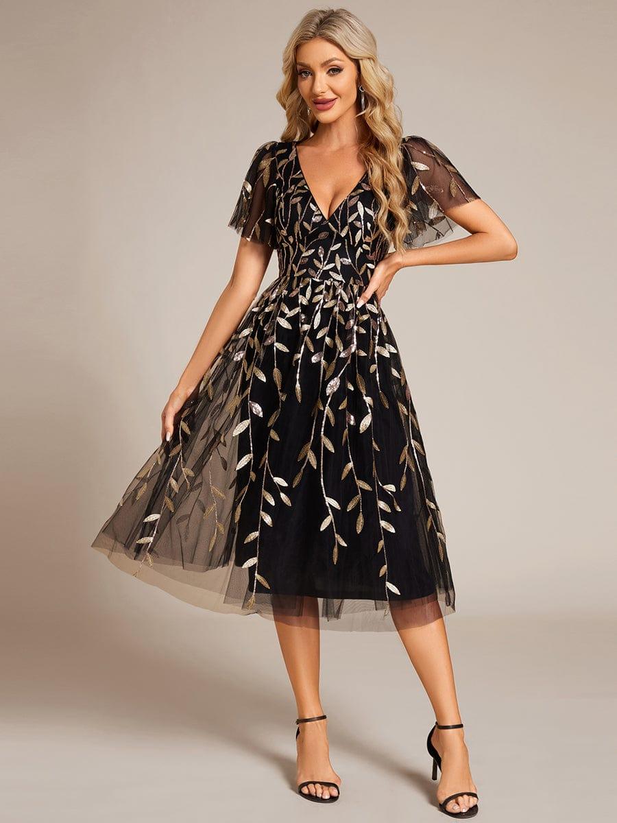 EG02230KG-R4 Short Sleeves Leaf Sequin A-Line Midi Formal Wedding Guest Dress - Image 63