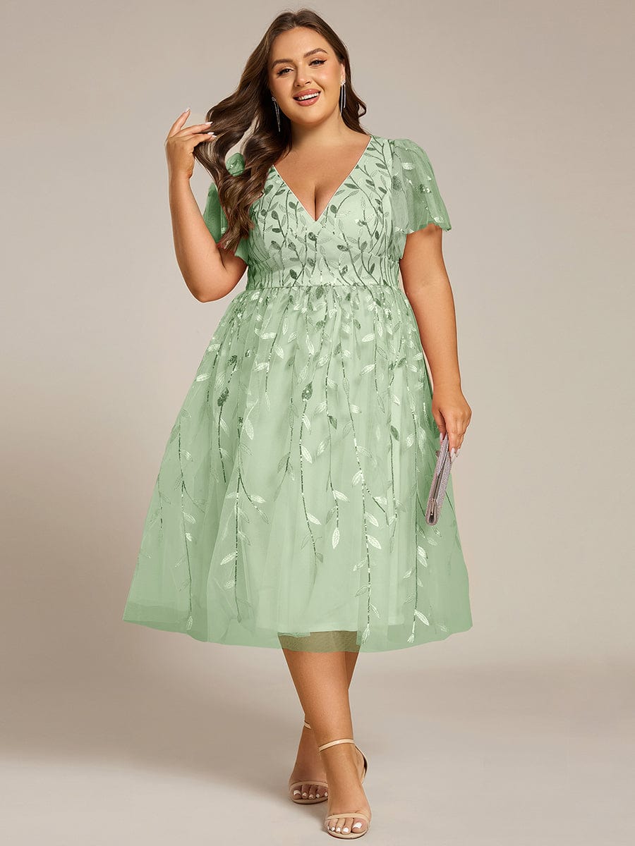 EG02230MG-PR Short Sleeves Leaf Sequin A-Line Midi Formal Wedding Guest Dress - Image 99