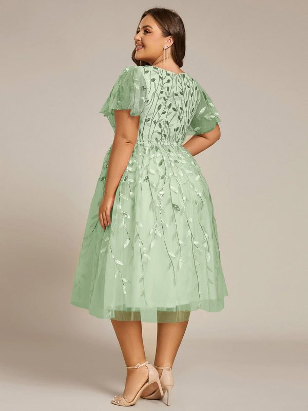 Short Sleeves Leaf Sequin A-Line Midi Formal Wedding Guest Dress - Image 100