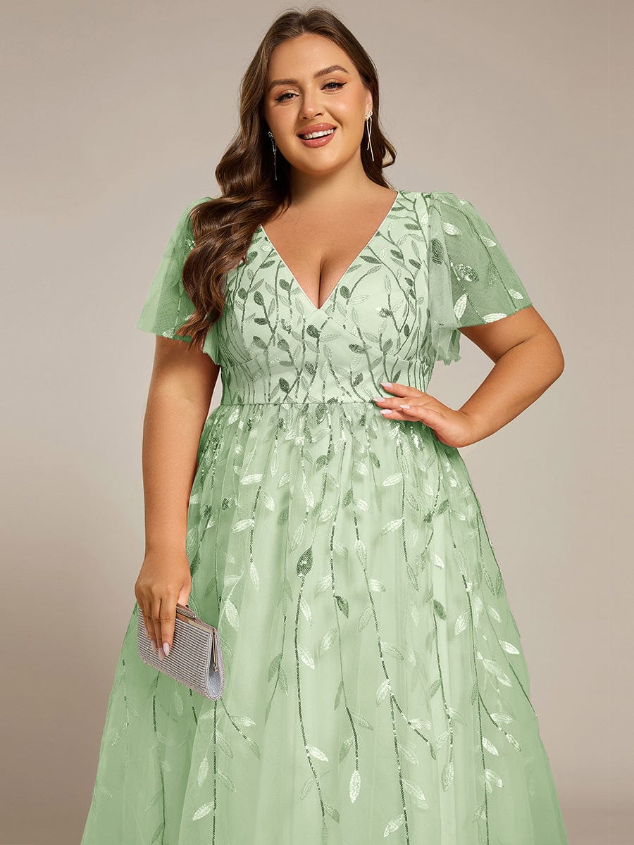 EG02230MG-PR5 Short Sleeves Leaf Sequin A-Line Midi Formal Wedding Guest Dress - Image 101