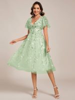 Short Sleeves Leaf Sequin A-Line Midi Formal Wedding Guest Dress - Image 94