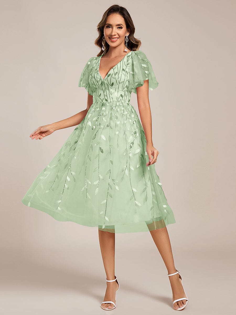 EG02230MG-R Short Sleeves Leaf Sequin A-Line Midi Formal Wedding Guest Dress - Image 94