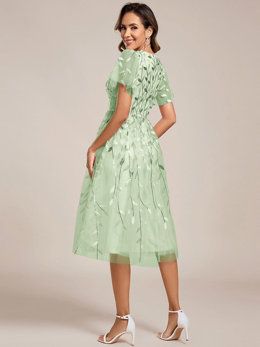 EG02230MG-R2 Short Sleeves Leaf Sequin A-Line Midi Formal Wedding Guest Dress - Image 95