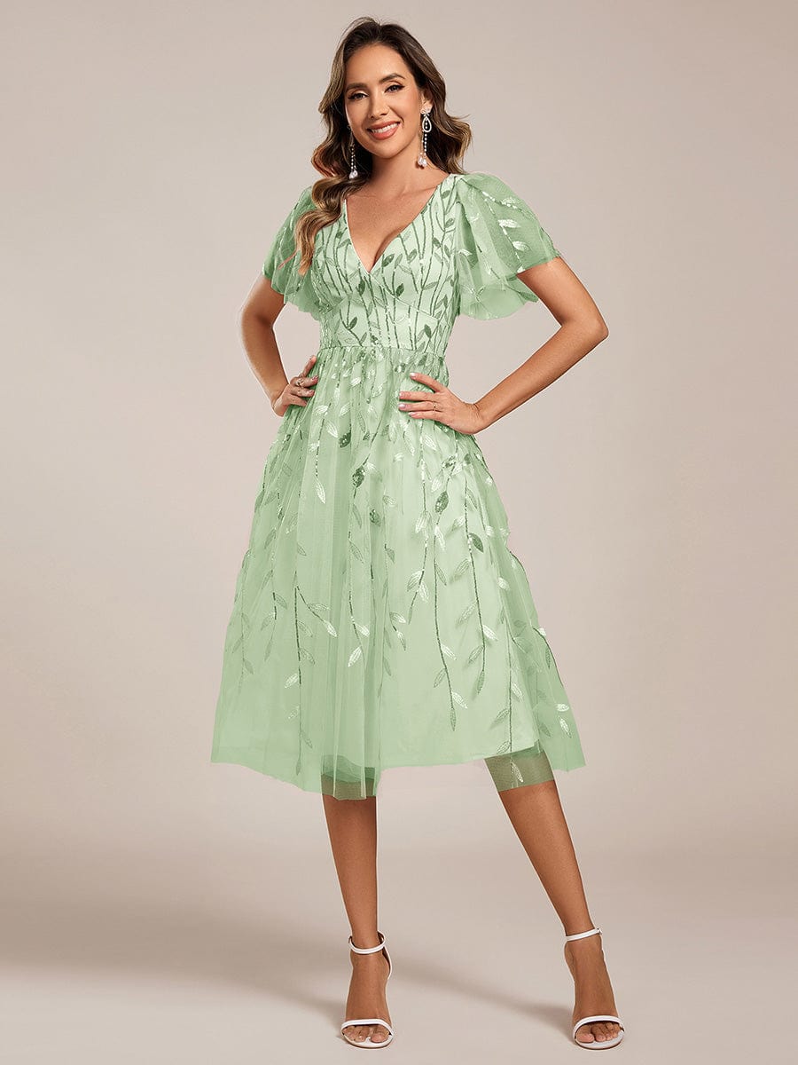 EG02230MG-R3 Short Sleeves Leaf Sequin A-Line Midi Formal Wedding Guest Dress - Image 96