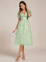 Short Sleeves Leaf Sequin A-Line Midi Formal Wedding Guest Dress - Image 97