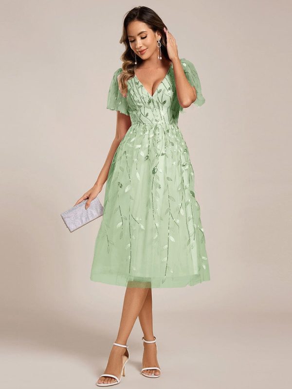 Short Sleeves Leaf Sequin A-Line Midi Formal Wedding Guest Dress - Image 97
