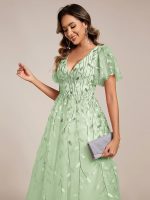 Short Sleeves Leaf Sequin A-Line Midi Formal Wedding Guest Dress - Image 98