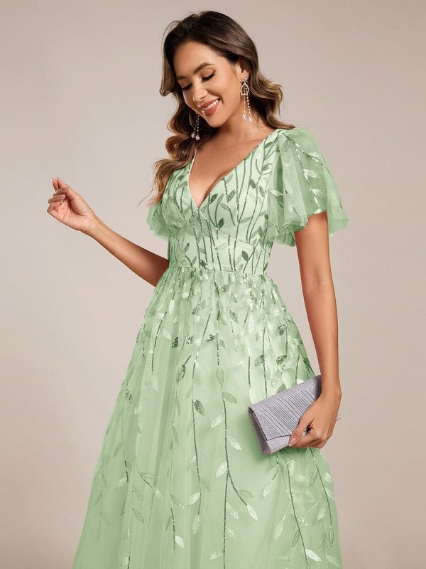 Short Sleeves Leaf Sequin A-Line Midi Formal Wedding Guest Dress - Image 98