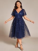Short Sleeves Leaf Sequin A-Line Midi Formal Wedding Guest Dress - Image 24