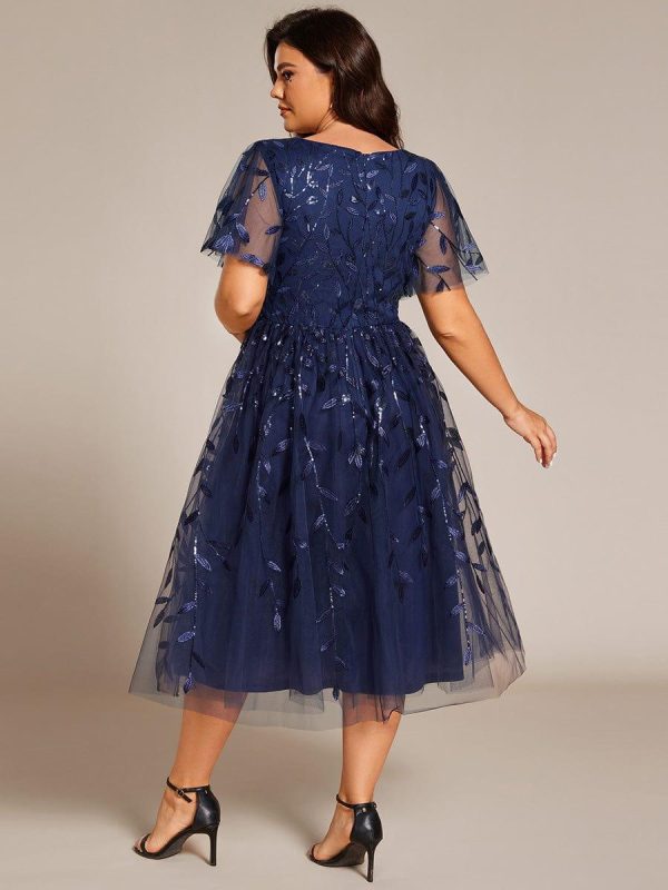 Short Sleeves Leaf Sequin A-Line Midi Formal Wedding Guest Dress - Image 25