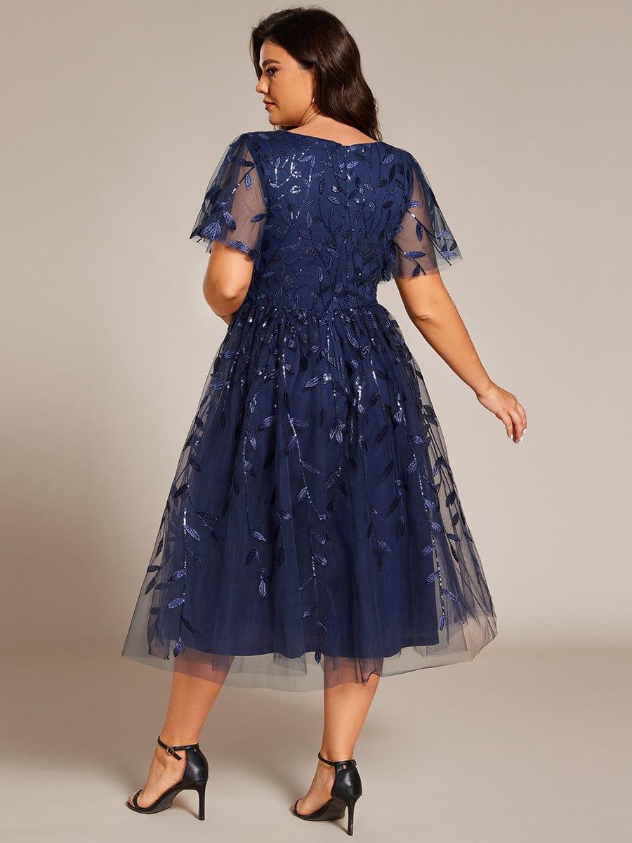EG02230NB-PR2 Short Sleeves Leaf Sequin A-Line Midi Formal Wedding Guest Dress - Image 25