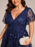 Short Sleeves Leaf Sequin A-Line Midi Formal Wedding Guest Dress - Image 26