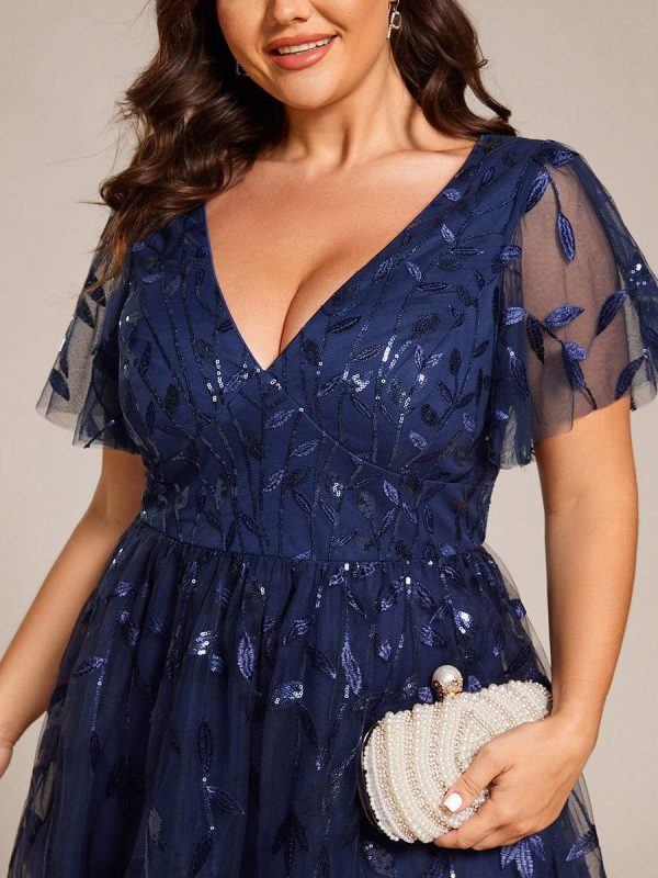 Short Sleeves Leaf Sequin A-Line Midi Formal Wedding Guest Dress - Image 26
