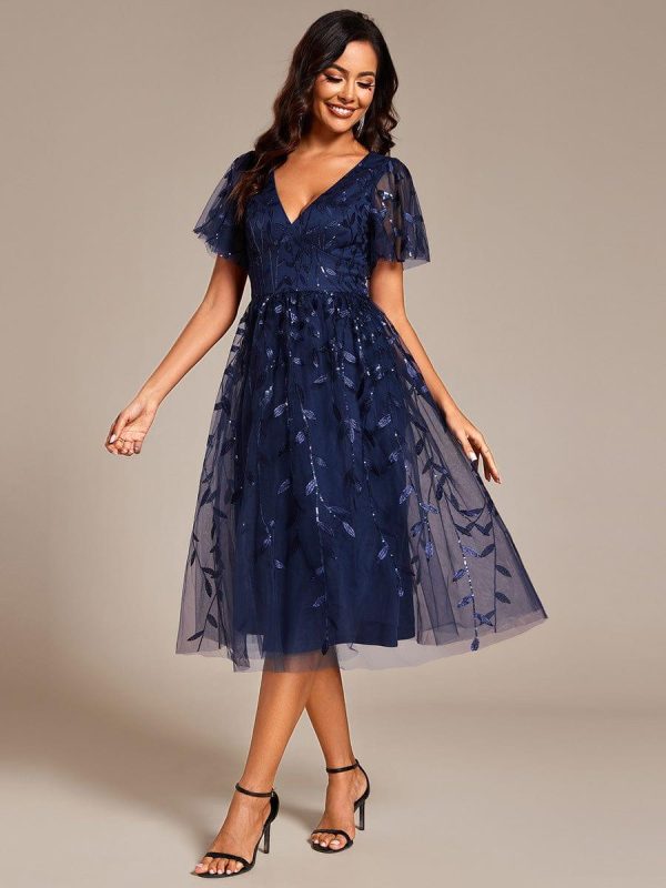 Short Sleeves Leaf Sequin A-Line Midi Formal Wedding Guest Dress - Image 19