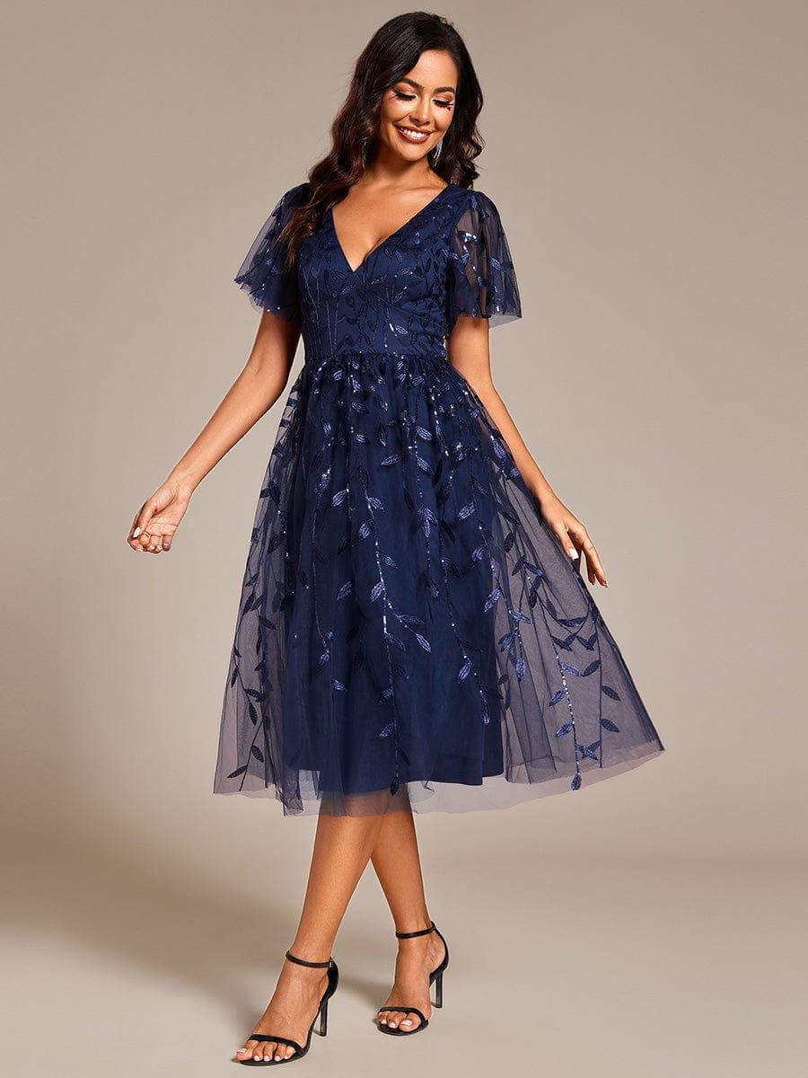 EG02230NB-R Short Sleeves Leaf Sequin A-Line Midi Formal Wedding Guest Dress - Image 19