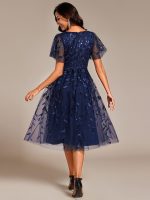 Short Sleeves Leaf Sequin A-Line Midi Formal Wedding Guest Dress - Image 20