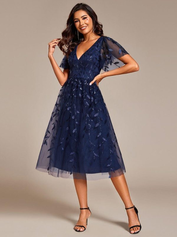 Short Sleeves Leaf Sequin A-Line Midi Formal Wedding Guest Dress - Image 22