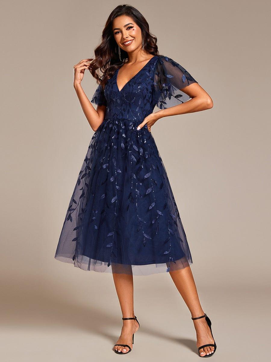 EG02230NB-R3 Short Sleeves Leaf Sequin A-Line Midi Formal Wedding Guest Dress - Image 22