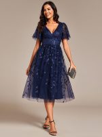 Short Sleeves Leaf Sequin A-Line Midi Formal Wedding Guest Dress - Image 23