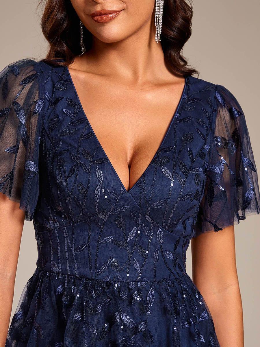 EG02230NB-R5 Short Sleeves Leaf Sequin A-Line Midi Formal Wedding Guest Dress - Image 21