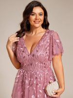 Short Sleeves Leaf Sequin A-Line Midi Formal Wedding Guest Dress - Image 34