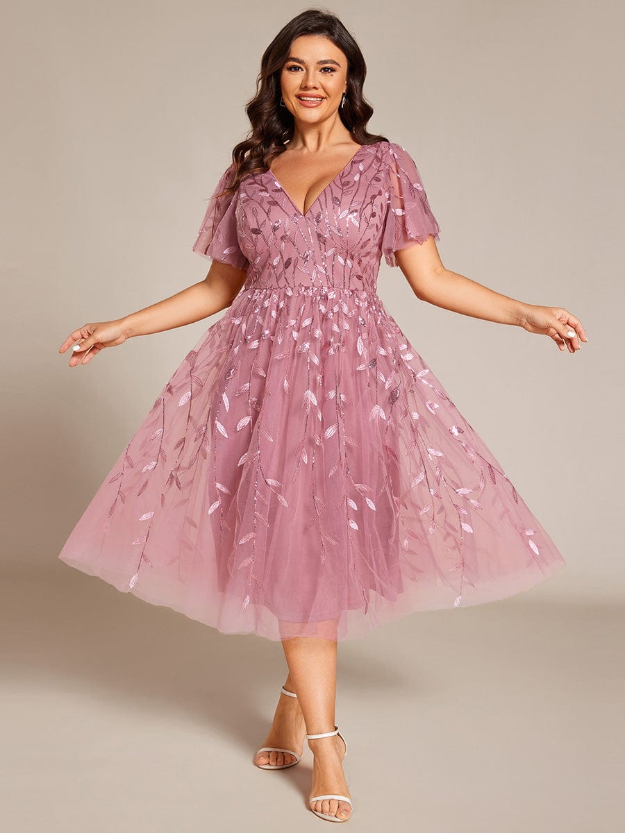 EG02230OD-PR_ddf42b3f-2182-4d09-9b78-9091dce62d23 Short Sleeves Leaf Sequin A-Line Midi Formal Wedding Guest Dress - Image 32