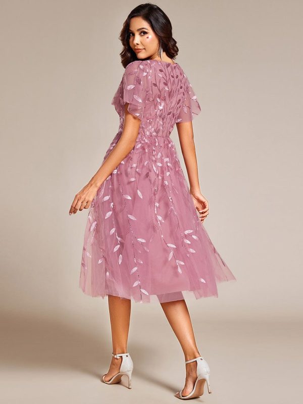 Short Sleeves Leaf Sequin A-Line Midi Formal Wedding Guest Dress - Image 28