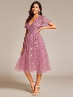 Short Sleeves Leaf Sequin A-Line Midi Formal Wedding Guest Dress - Image 27
