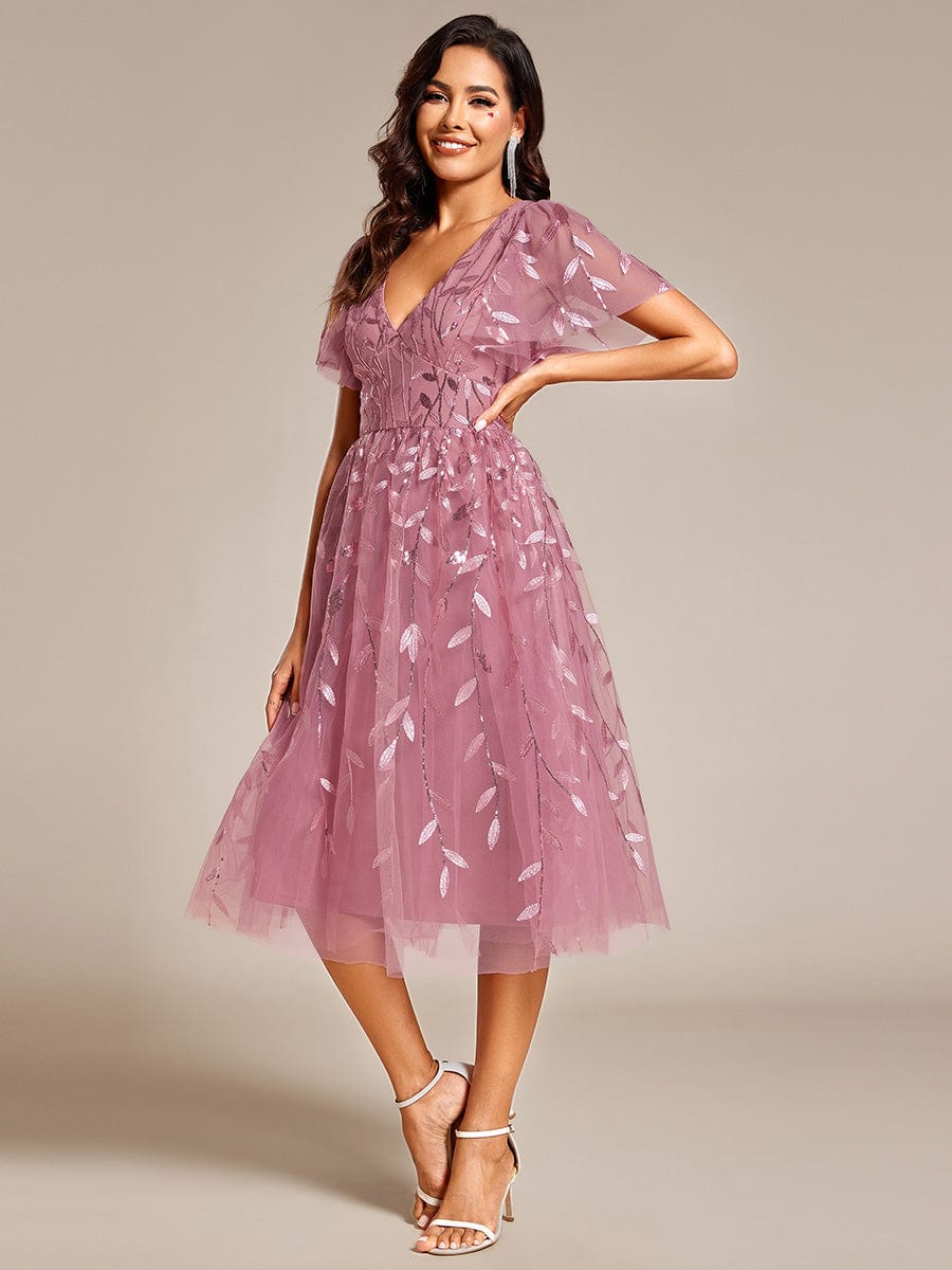 EG02230OD-R3_c8622fd3-a39c-48ac-abb9-c01a0ea5f6f1 Short Sleeves Leaf Sequin A-Line Midi Formal Wedding Guest Dress - Image 27