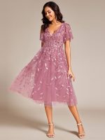 Short Sleeves Leaf Sequin A-Line Midi Formal Wedding Guest Dress - Image 31