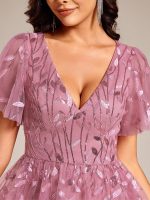 Short Sleeves Leaf Sequin A-Line Midi Formal Wedding Guest Dress - Image 29