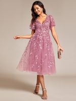 Short Sleeves Leaf Sequin A-Line Midi Formal Wedding Guest Dress - Image 30