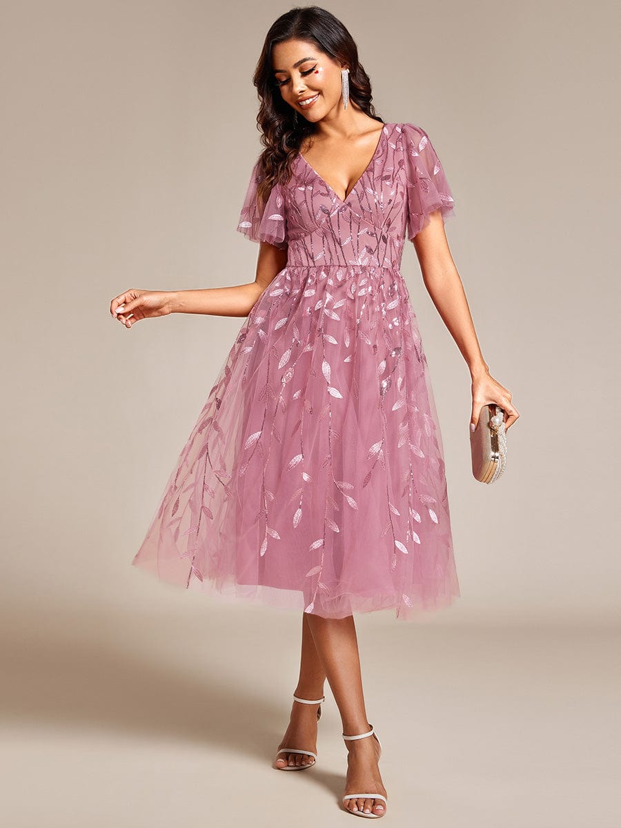 EG02230OD-R_1f1f6e0b-b214-470f-85ee-db23df4f27e0 Short Sleeves Leaf Sequin A-Line Midi Formal Wedding Guest Dress - Image 30