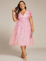 Short Sleeves Leaf Sequin A-Line Midi Formal Wedding Guest Dress - Image 89