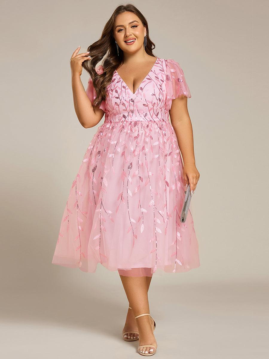 EG02230PK-PR Short Sleeves Leaf Sequin A-Line Midi Formal Wedding Guest Dress - Image 89